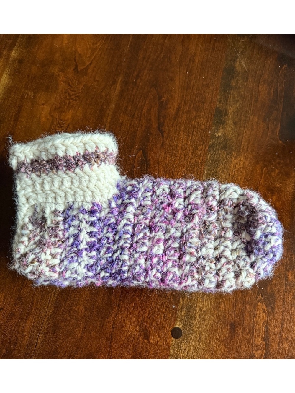 Cozy Handmade Crochet Wool Socks in Cream and Purple